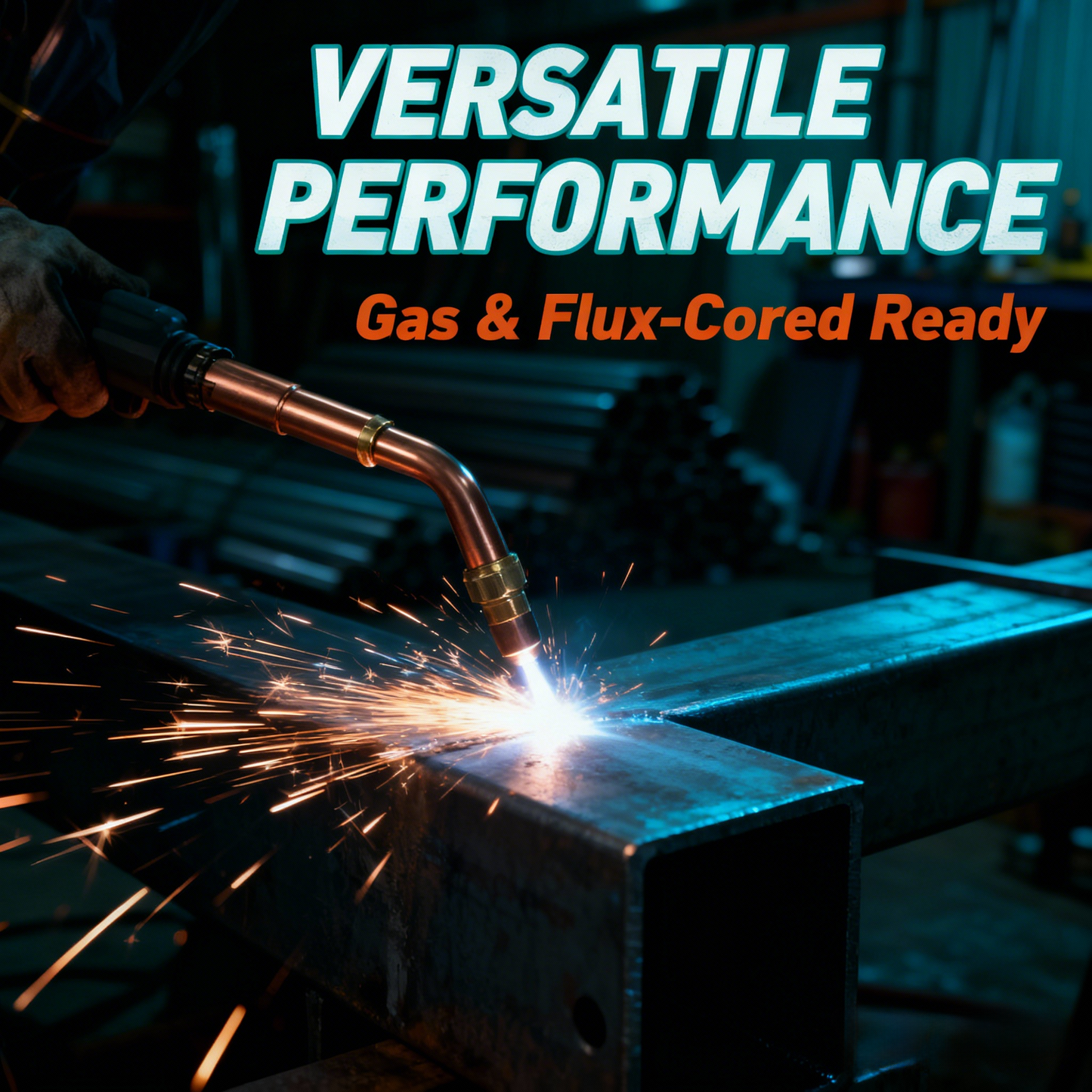 MIG welding torch using .030 tip welding steel square tubing with sparks.