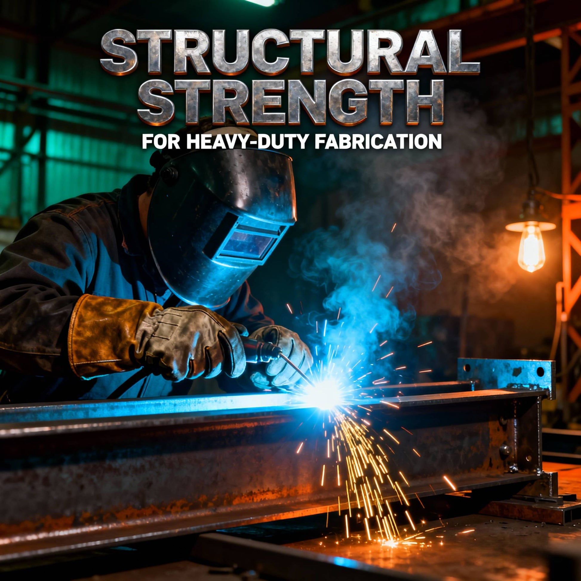 Professional welder in protective gear welding a steel beam with sparks flying, text reads Structural Strength For Heavy-Duty Fabrication.