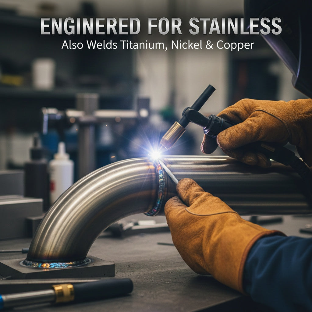 TIG welder using red tungsten to weld stainless steel pipe with colorful heat tint.