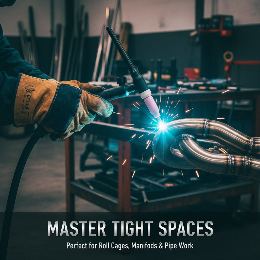 Welder using flexible head TIG torch to weld exhaust pipe in tight space