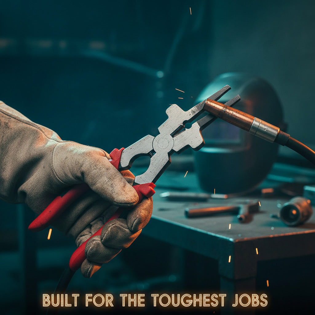 Welder wearing leather gloves using MIG pliers to clean a welding torch nozzle in a workshop