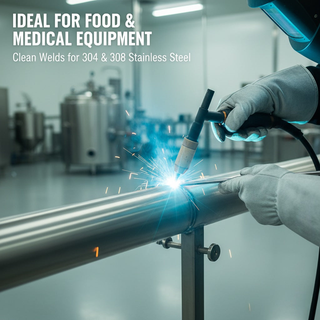 Welder using ER308L rod on stainless steel pipe in a clean environment.