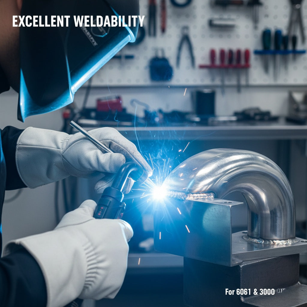 Welder using ER4043 rod on aluminum part showing clean weld puddle.