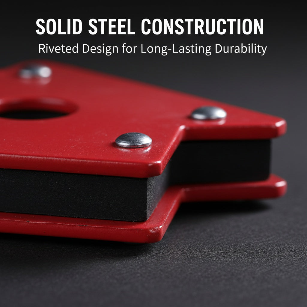 Close-up of riveted steel construction on red welding magnet; heavy-duty fabrication tool detail.