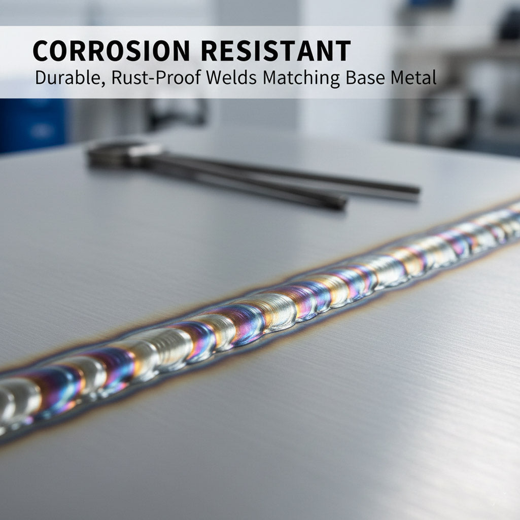 Close up of corrosion resistant stainless steel weld bead showing rainbow heat tint; smooth arc performance of .035 wire