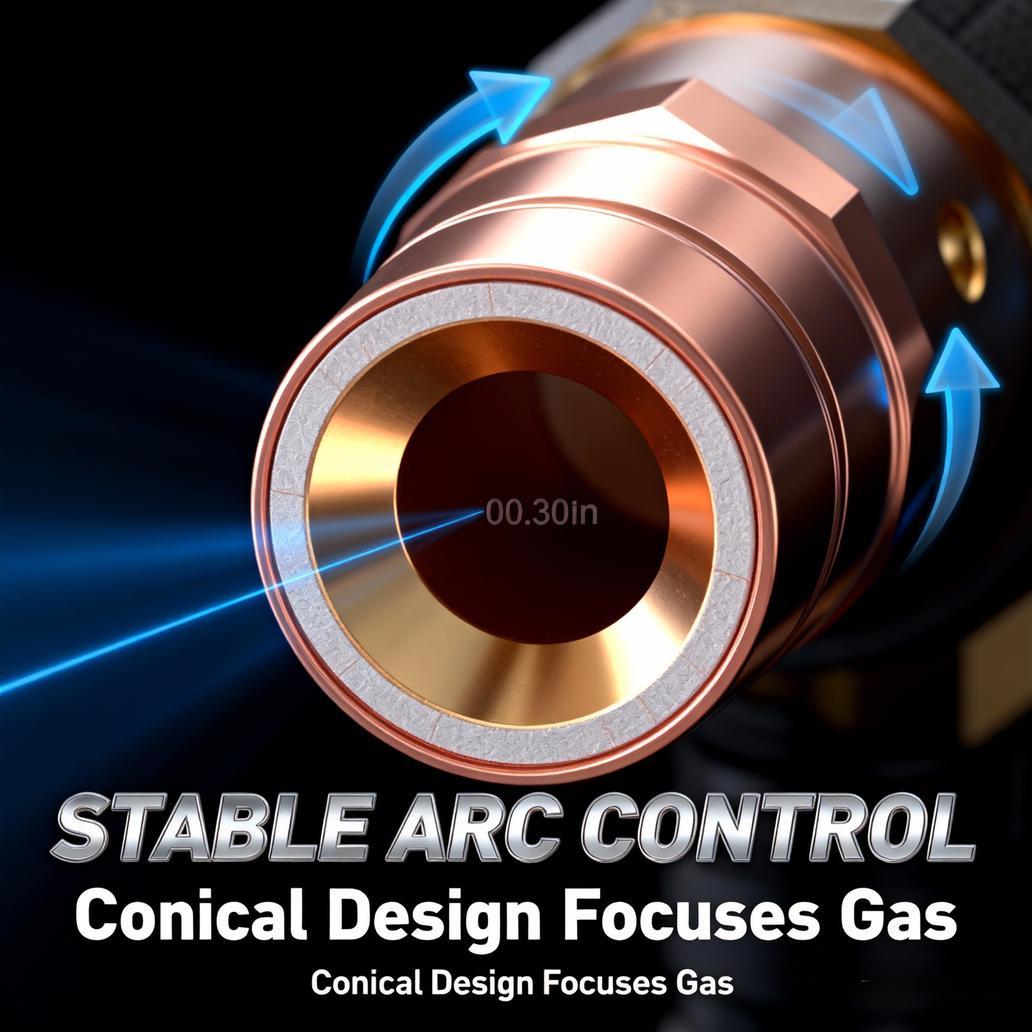 Macro close-up of conical MIG nozzle demonstrating focused gas flow design.