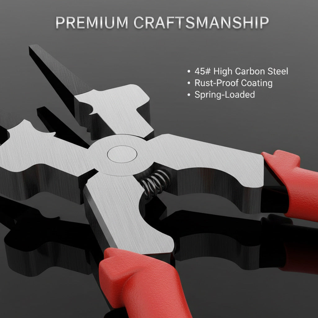 Macro close-up of high carbon steel texture and spring mechanism on welding pliers