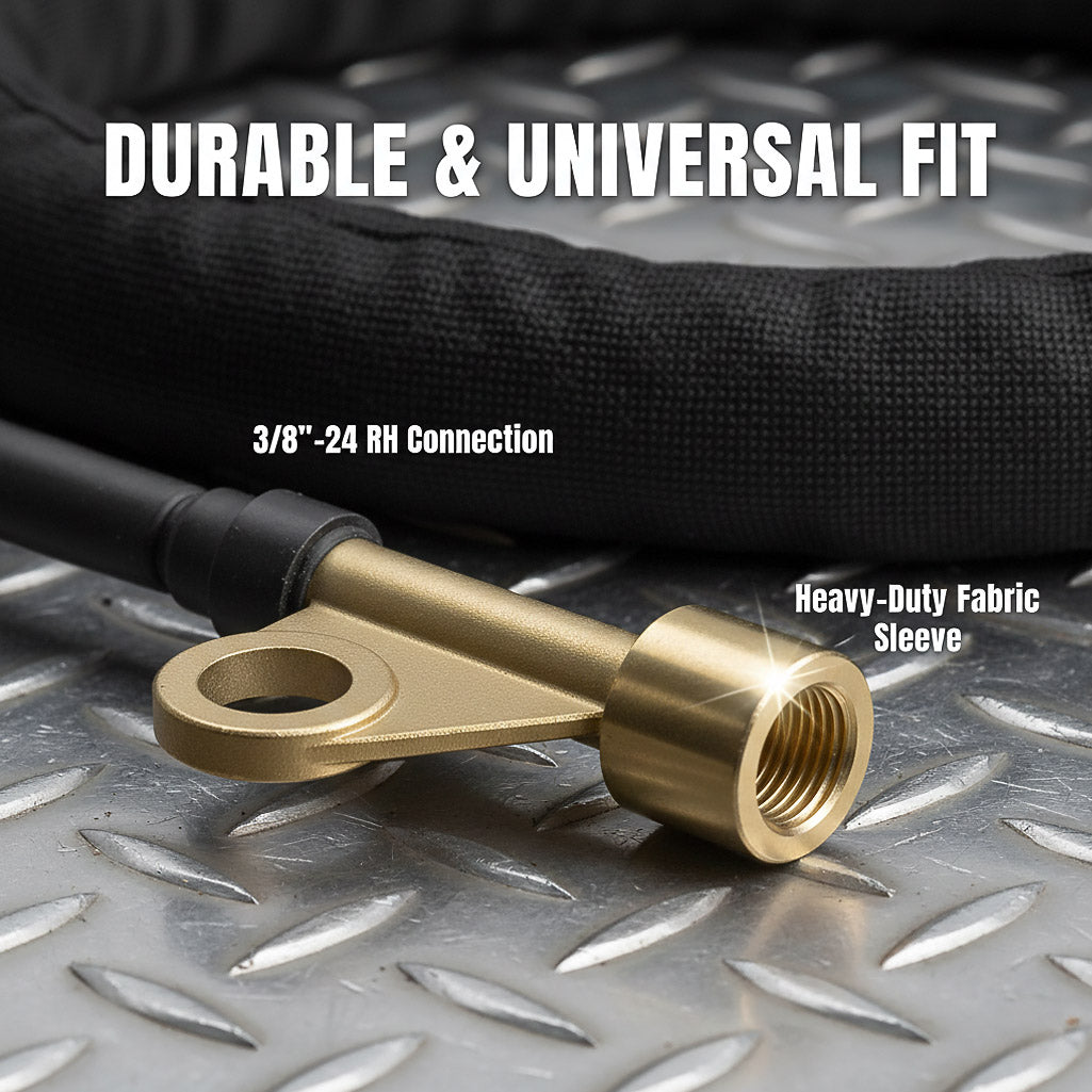 Macro view of 38-24 brass connector and protective cable sleeve on TIG torch