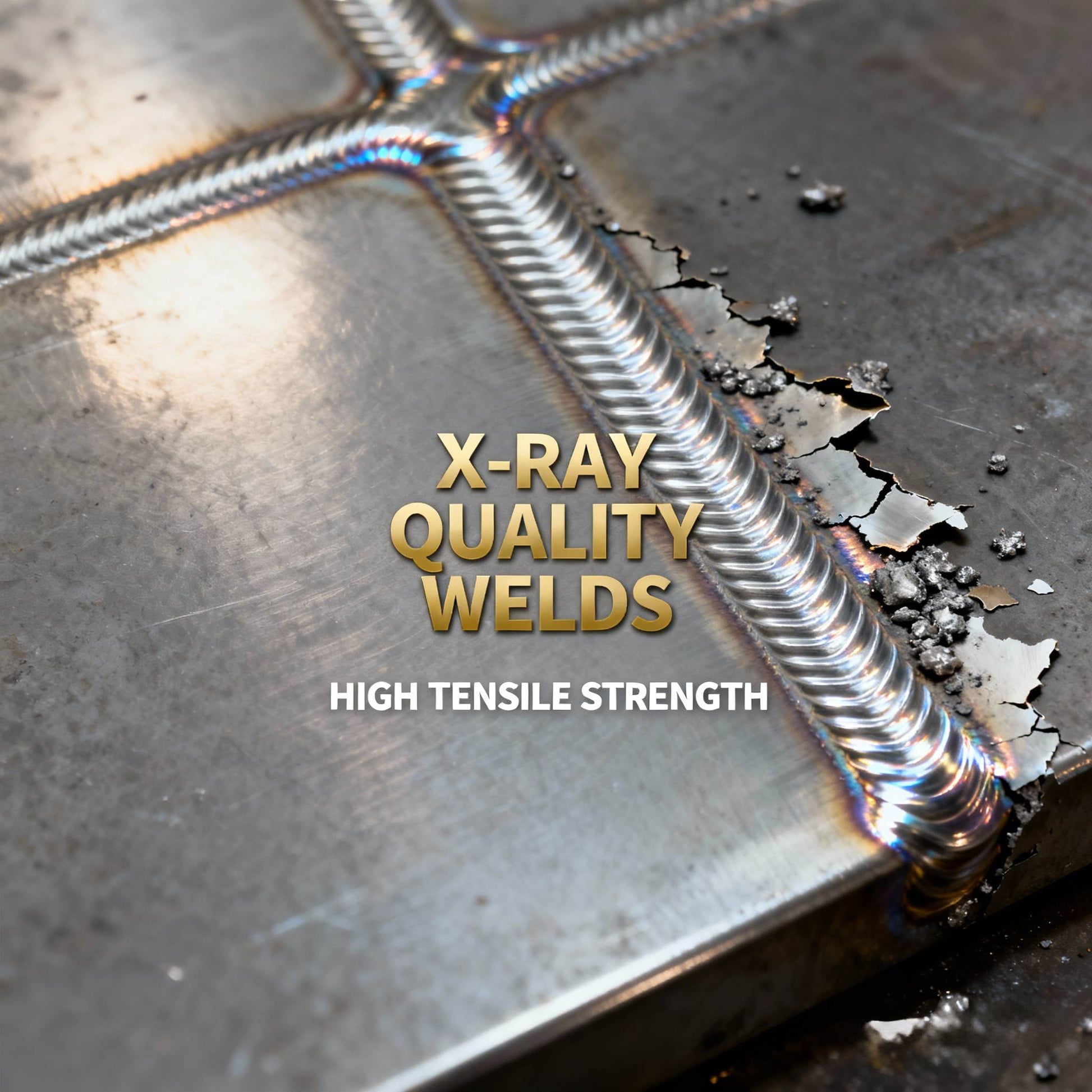 Top down view of a clean defect-free steel weld bead with slag removed, text reads X-Ray Quality Welds High Tensile Strength.