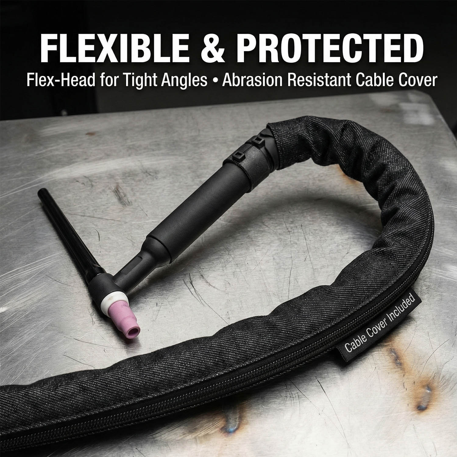 WP-20F flexible torch head bent at angle and protective cable sleeve detail