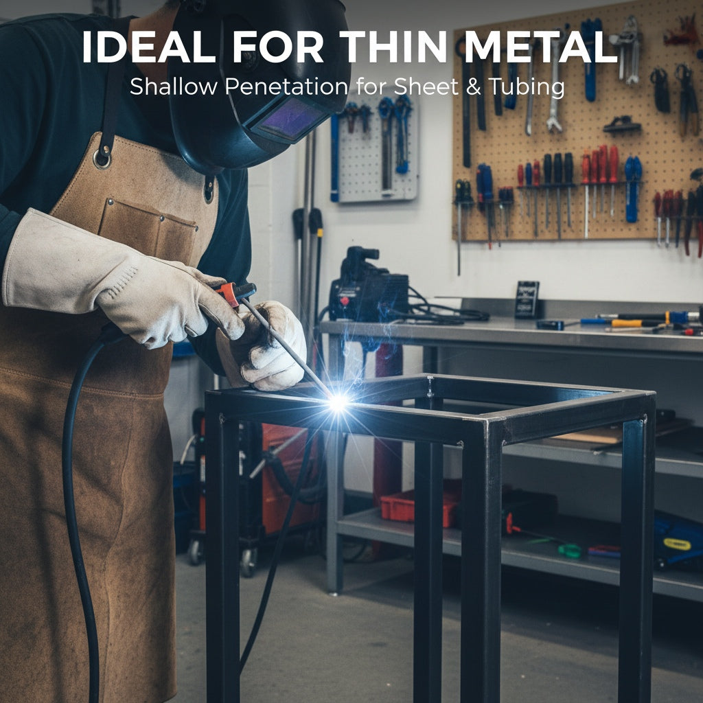 Welder using E6013 electrode on thin square steel tubing for fabrication.