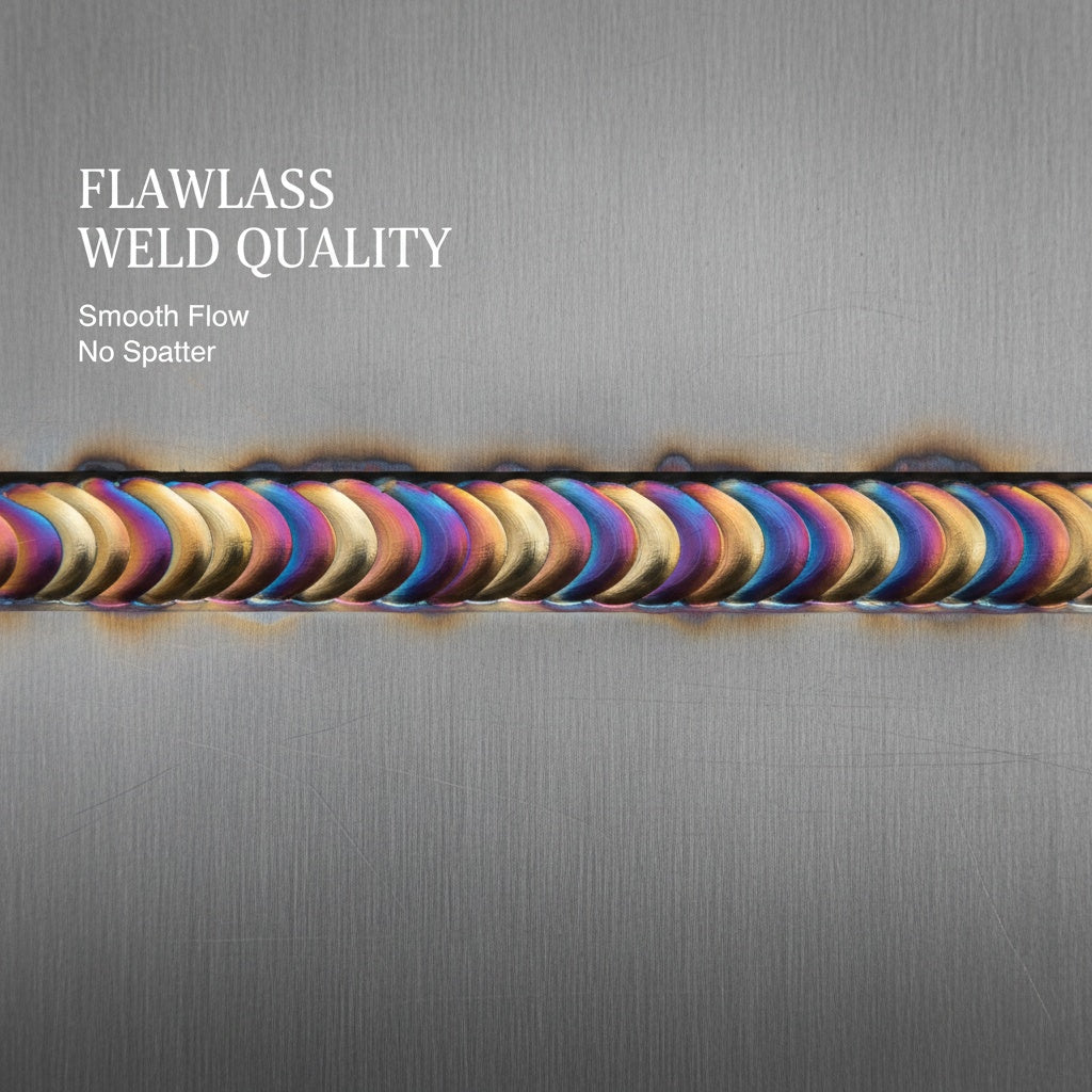 Colorful TIG weld bead on stainless steel showing high quality finish.