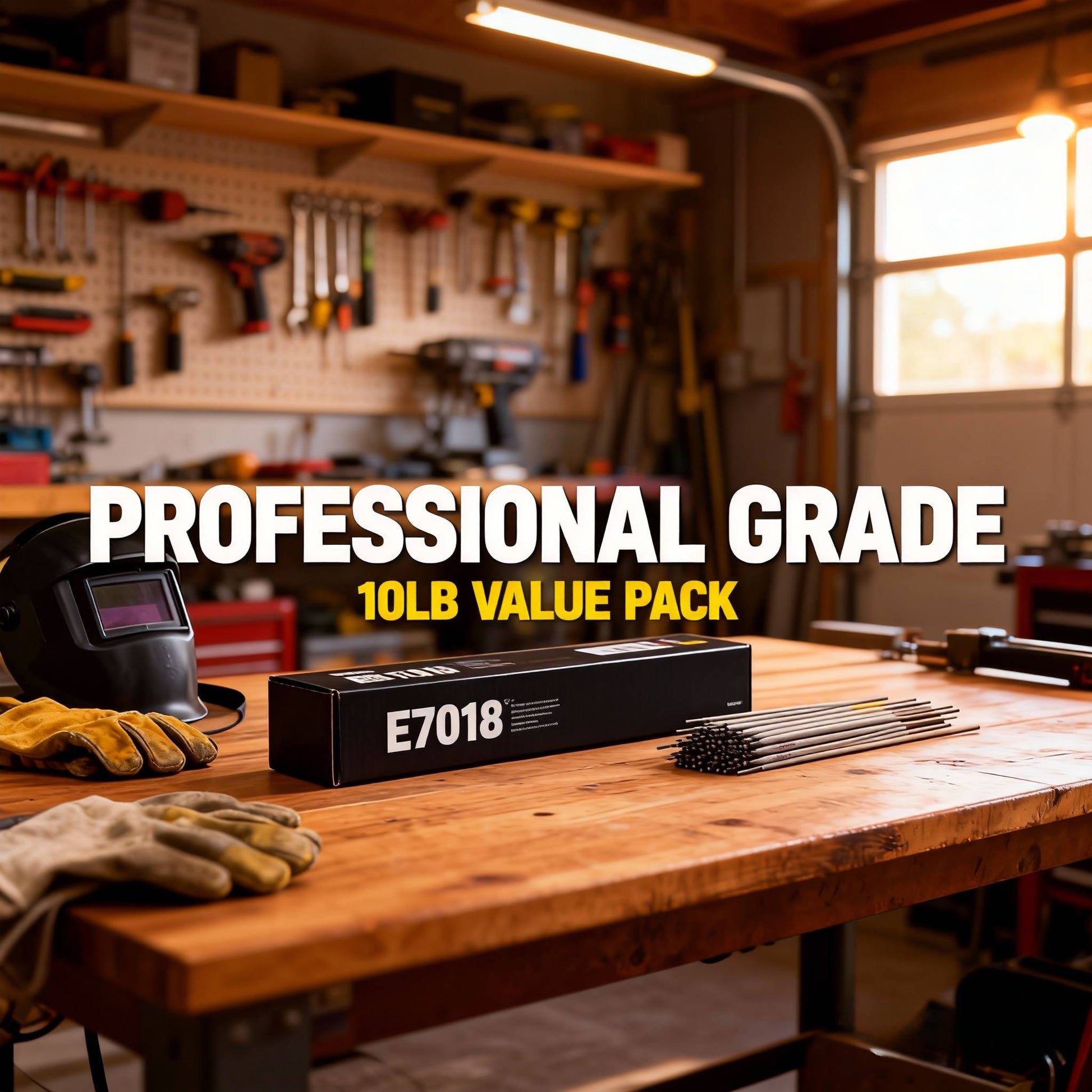 10lb box of E7018 welding rods sitting on a workshop bench with welding helmet, text reads Professional Grade 10LB Value Pack.