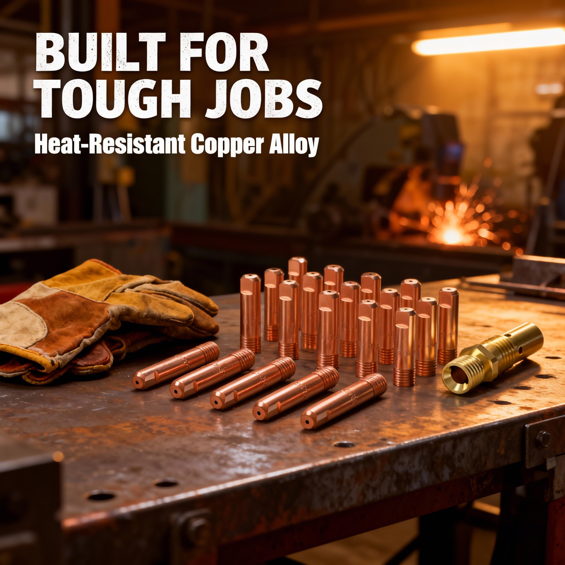24-piece MIG accessory kit displayed on steel workbench with welding glove.