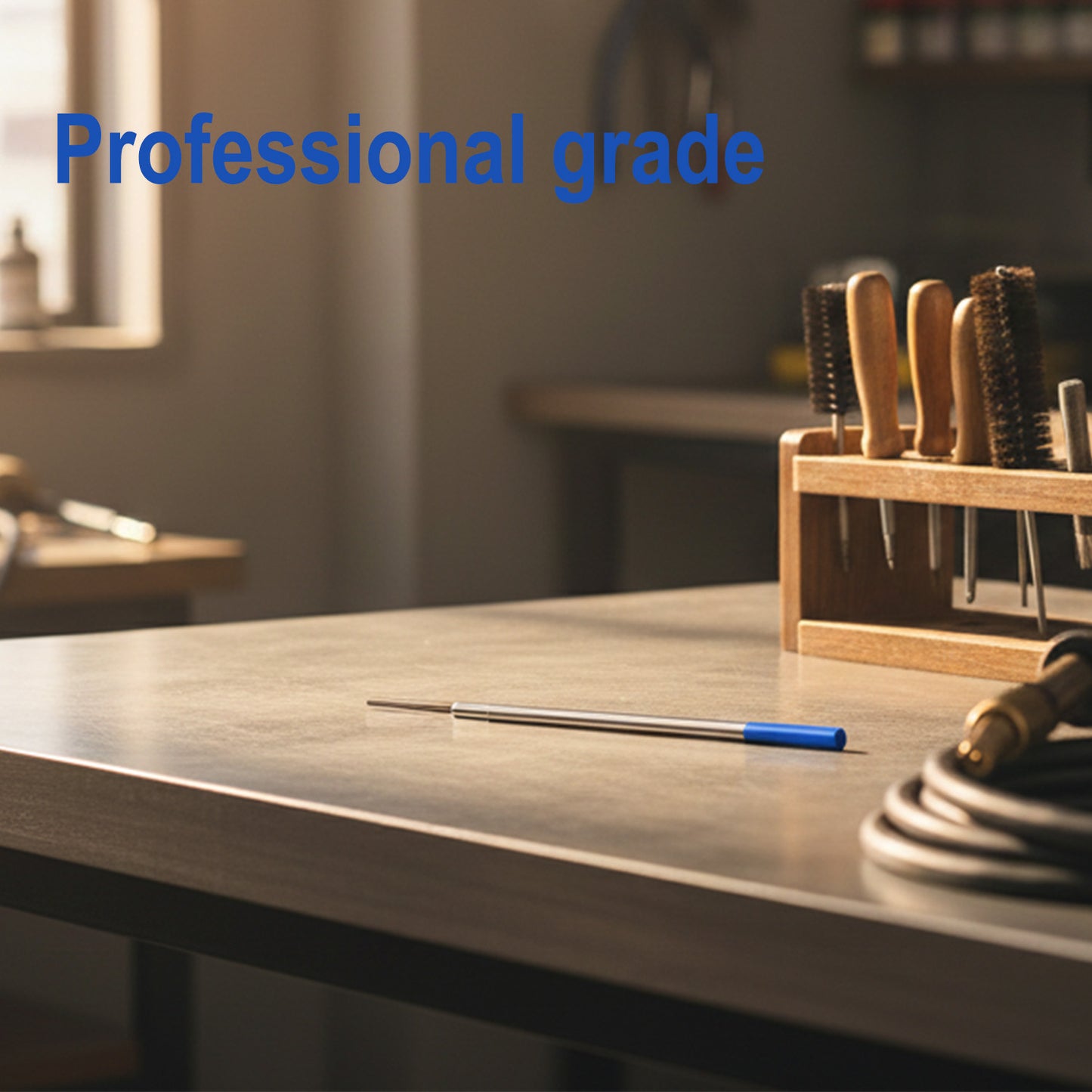 Blue tungsten electrode storage case on workbench with welding tools