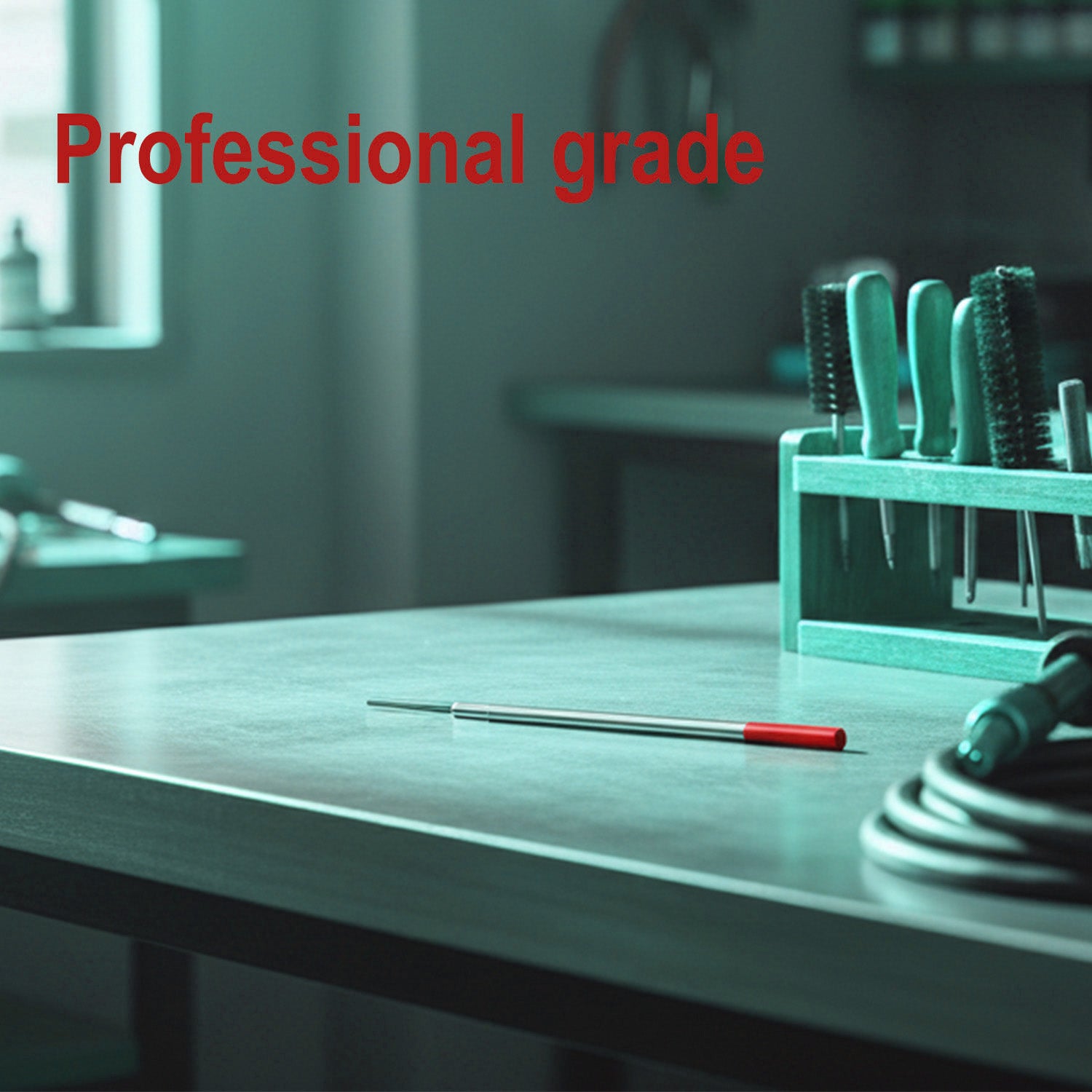 Red tungsten electrode storage case on workbench with welding tools