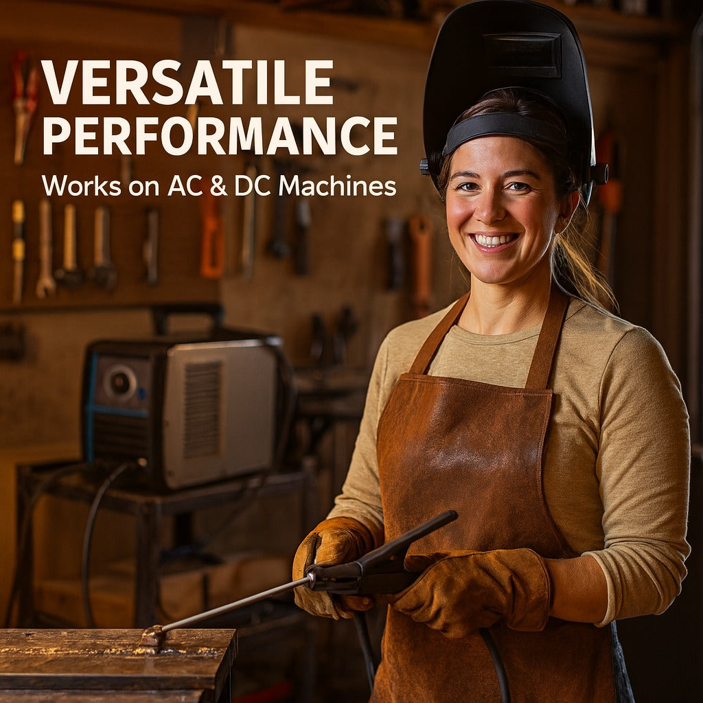 DIY welder in home garage workshop using E6013 rods with portable welding machine.