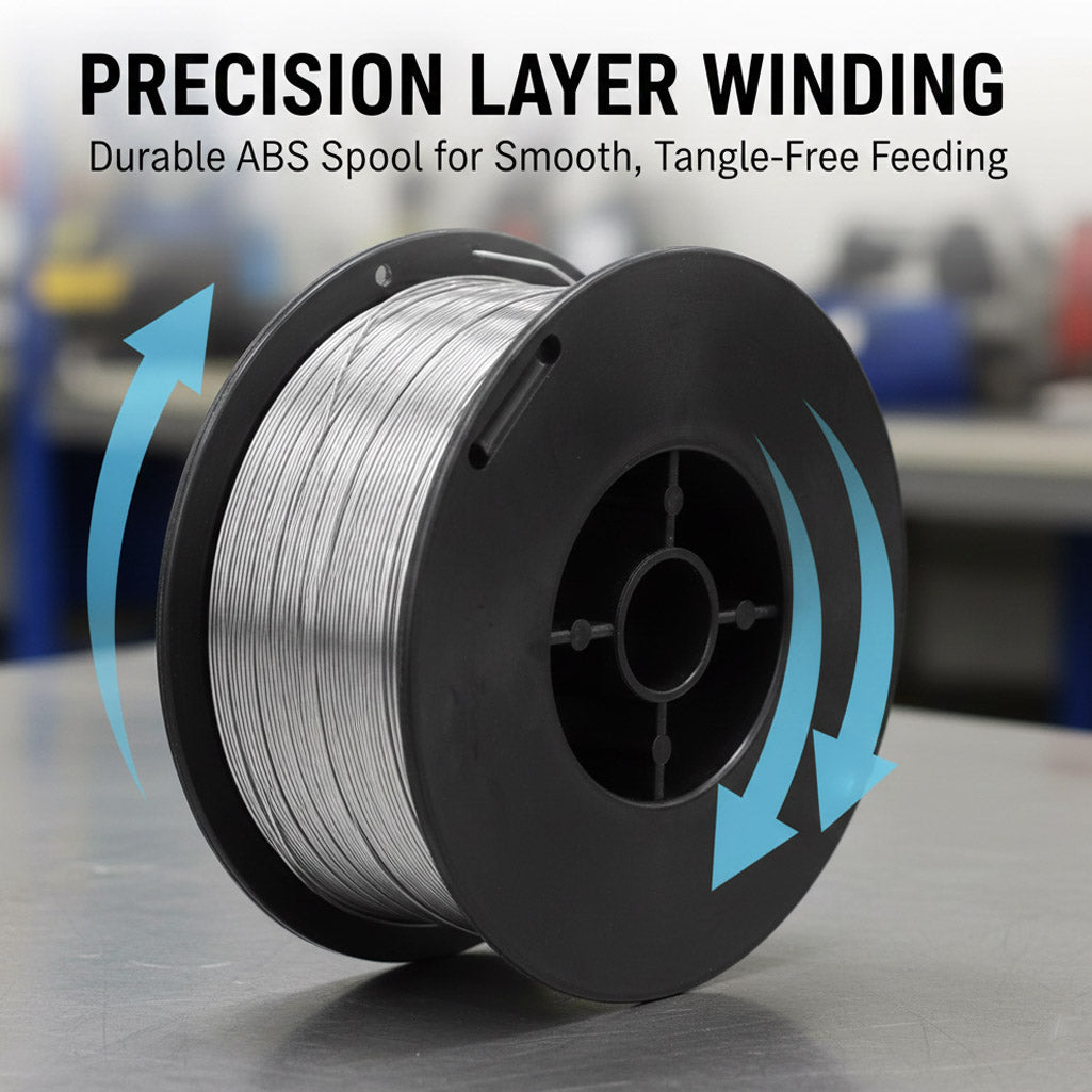Durable ABS plastic welding spool with precision wound stainless wire; tangle-free feeding design for MIG machines