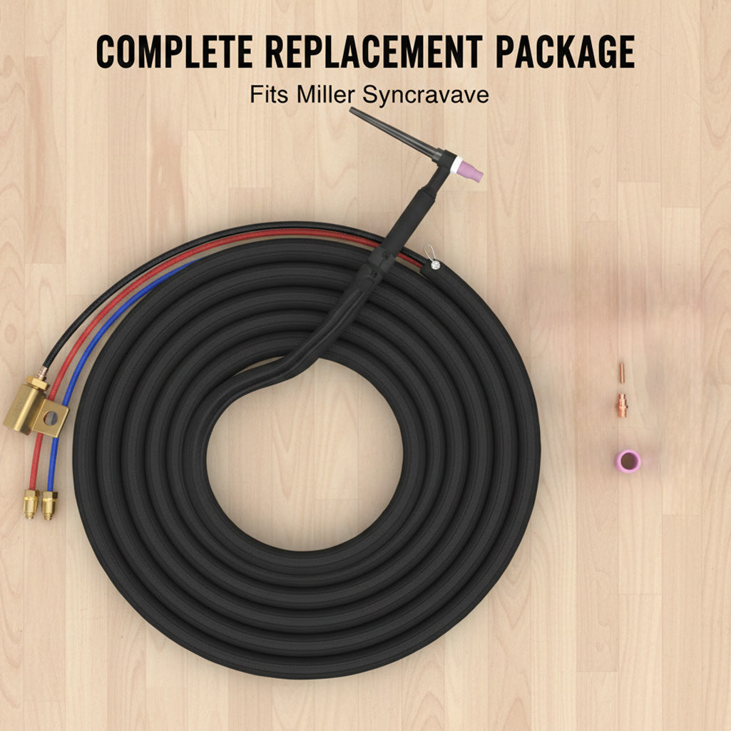 Flat lay of WP-20F TIG torch kit with consumables and power adapter