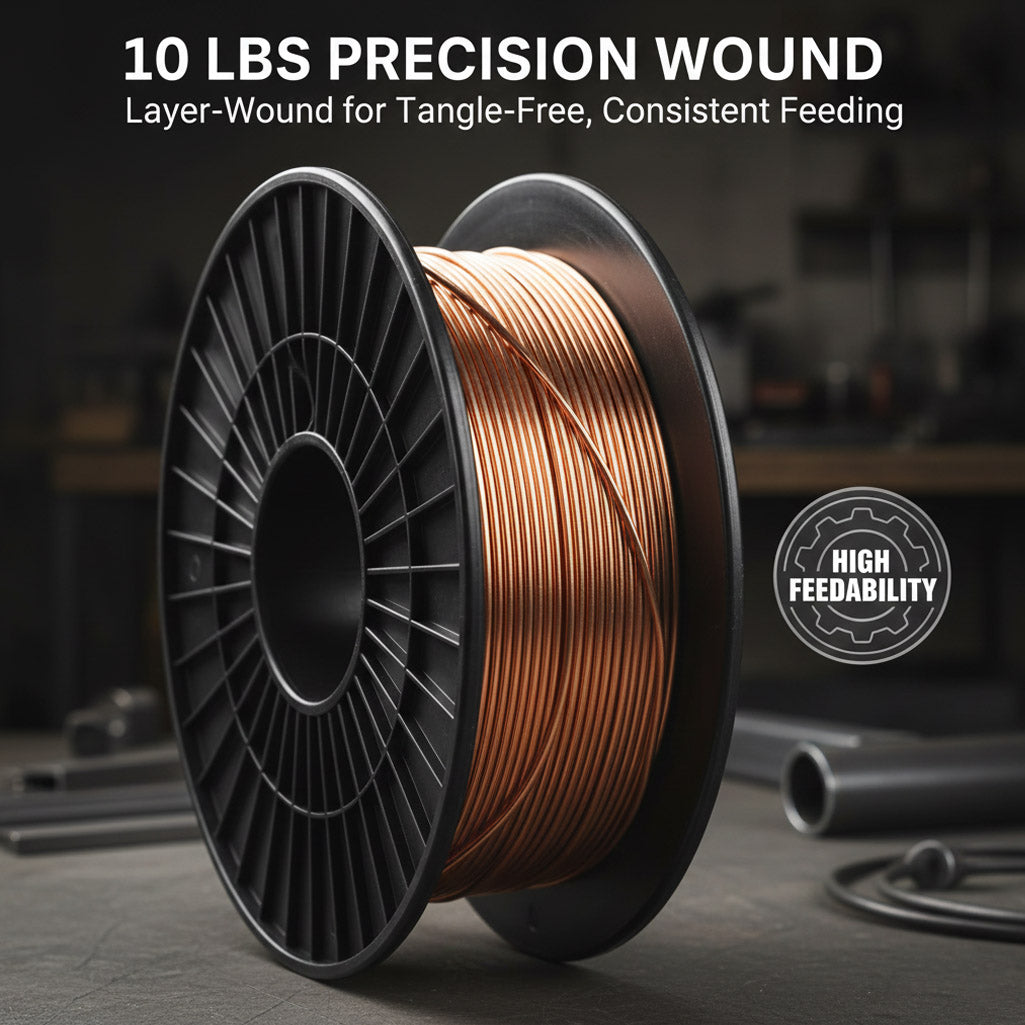 Precision layer wound 10 pound welding spool; side view showing consistent copper wire alignment for high feedability