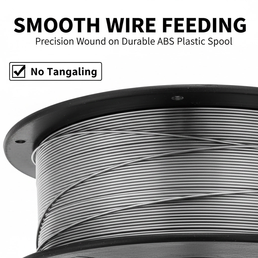Precision layer wound stainless steel wire close up; durable ABS plastic spool ensures smooth feeding and stable arc