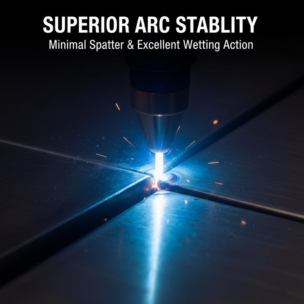 Stable welding arc on stainless steel showing minimal spatter; high quality wetting action of ER308L solid wire .030 diameter