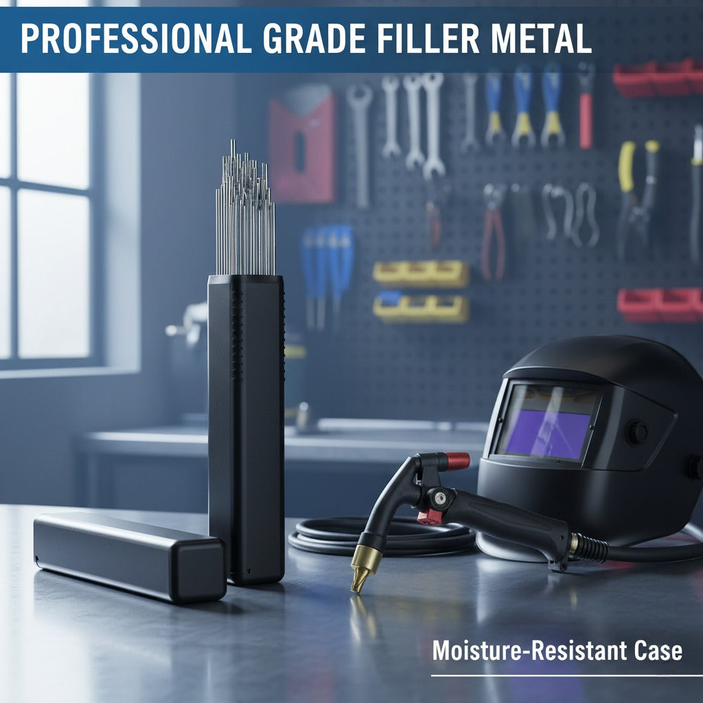 ER308L welding rods in storage case on stainless steel workbench.