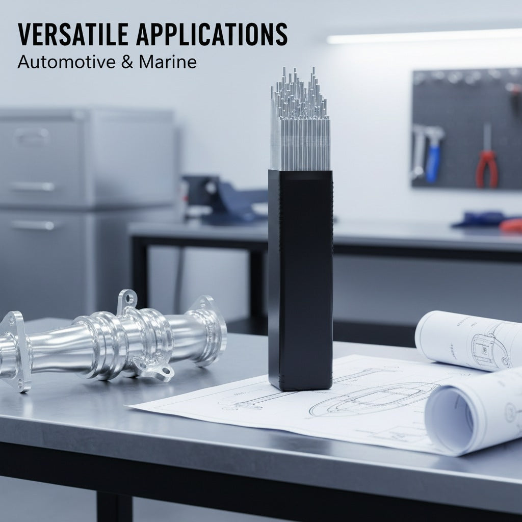 ER4043 aluminum welding rods in box next to automotive parts on workbench.