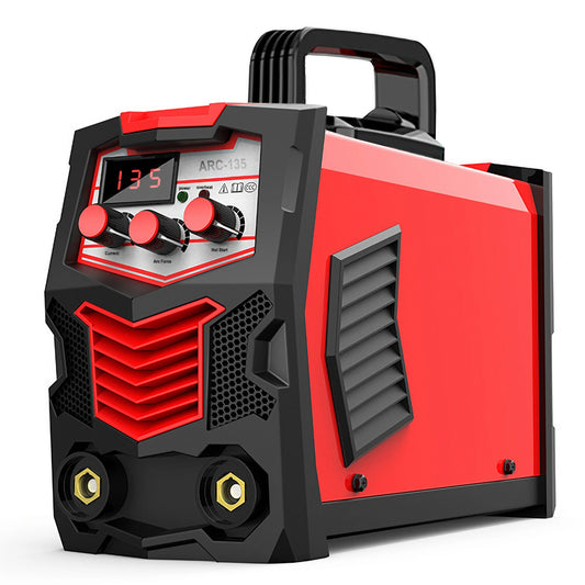 A red and black ARC-135 stick welder with a digital display showing "135" is shown against a white background. The front panel features three red control knobs labeled "Current," "Arc Force," and "Hot Start," along with power and overheat indicator lights. The machine has a built-in carrying handle, ventilation grills on the front and side, and two yellow hexagonal terminals at the bottom for electrical connections. Its compact, rugged design highlights portability and durability for professional or DIY wel