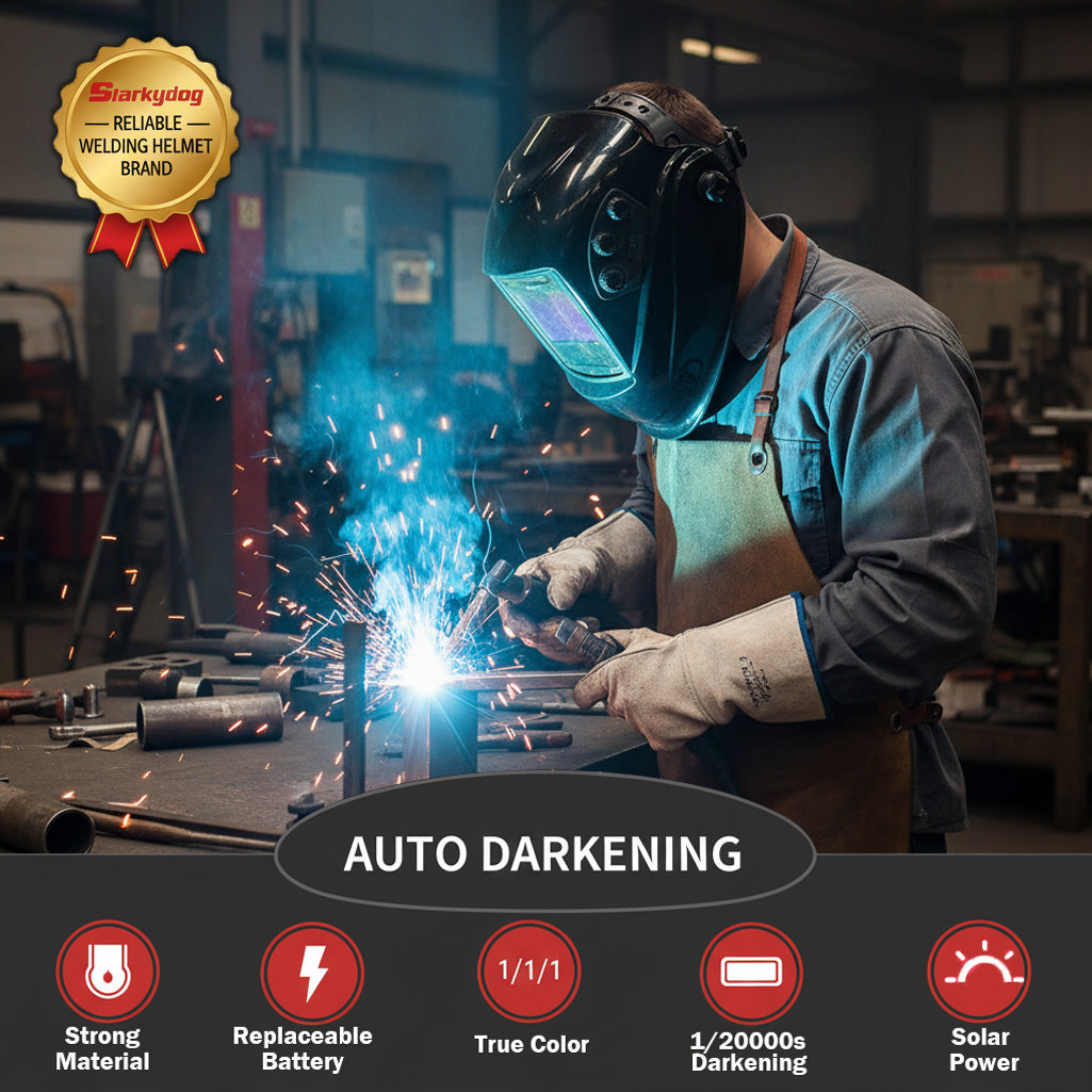 Large View Auto Darkening Welding Helmet with Blue Light Blocking – True Color 1/1/1/1 Shade 3/5-9/9-13, 4 Arc Sensors, Solar Powered for TIG MIG ARC CUT & GRIND