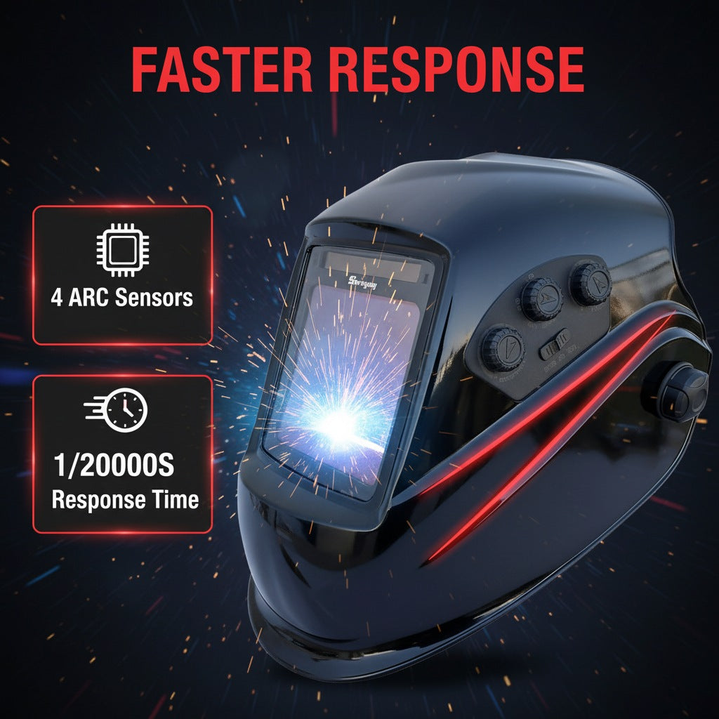 Large View Auto Darkening Welding Helmet with Blue Light Blocking – True Color 1/1/1/1 Shade 3/5-9/9-13, 4 Arc Sensors, Solar Powered for TIG MIG ARC CUT & GRIND