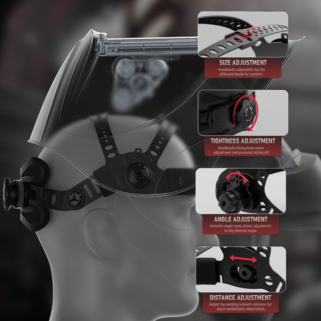 Large View Auto Darkening Welding Helmet with Blue Light Blocking – True Color 1/1/1/1 Shade 3/5-9/9-13, 4 Arc Sensors, Solar Powered for TIG MIG ARC CUT & GRIND