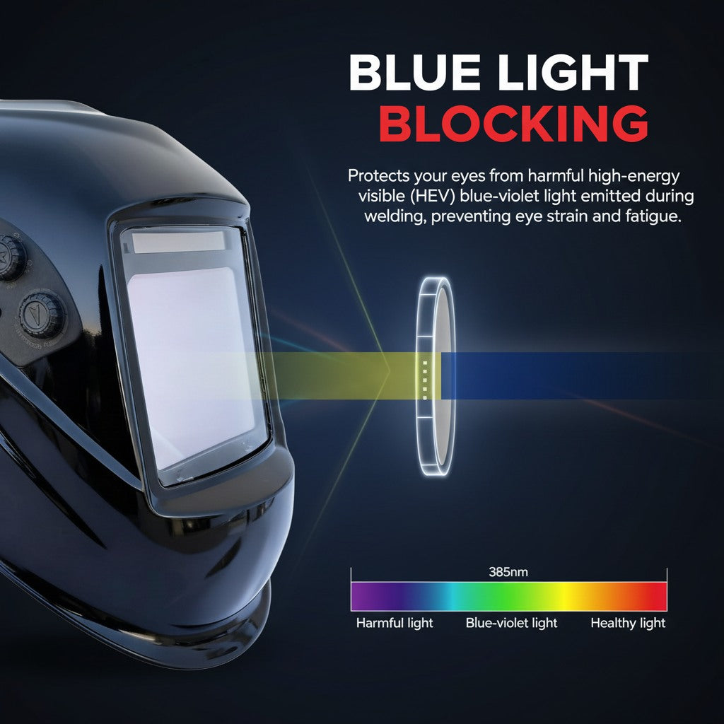 Large View Auto Darkening Welding Helmet with Blue Light Blocking – True Color 1/1/1/1 Shade 3/5-9/9-13, 4 Arc Sensors, Solar Powered for TIG MIG ARC CUT & GRIND