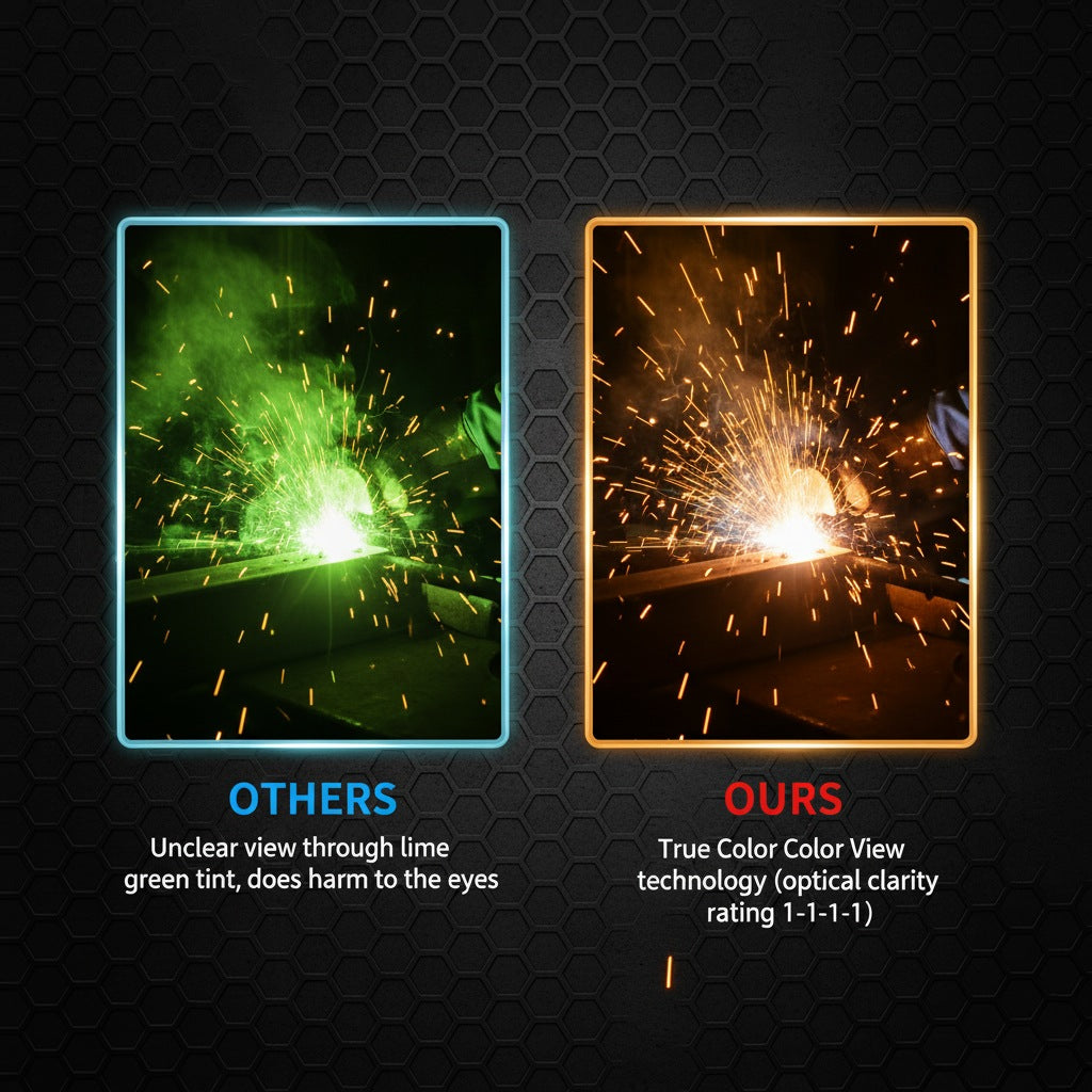 Large View Auto Darkening Welding Helmet with Blue Light Blocking – True Color 1/1/1/1 Shade 3/5-9/9-13, 4 Arc Sensors, Solar Powered for TIG MIG ARC CUT & GRIND