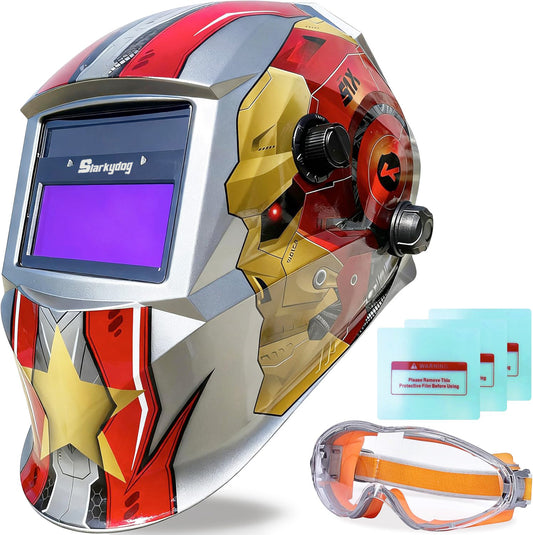 Auto Darkening Welding Helmet, Blue Light Blocking, 1/1/1/1 True Color Solar Powered Hood for TIG, MIG, ARC & Grind, Gold/Red