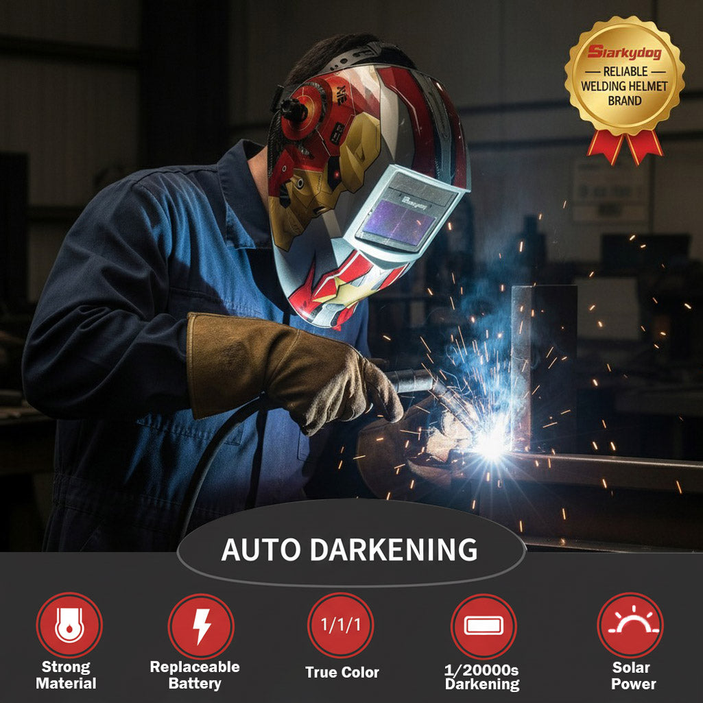 Auto Darkening Welding Helmet, Blue Light Blocking, 1/1/1/1 True Color Solar Powered Hood for TIG, MIG, ARC & Grind, Gold/Red
