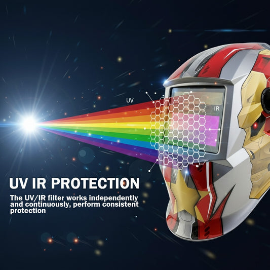 Auto Darkening Welding Helmet, Blue Light Blocking, Solar Powered Hood for TIG, MIG, ARC & Grind, Gold/Red