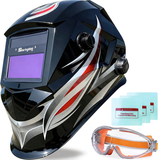 Auto-Darkening Welding Helmet, Blue Light Blocking, 1/1/1/1 True Color, Solar Powered Hood for TIG, MIG, ARC & Grind, Red Silver Strip