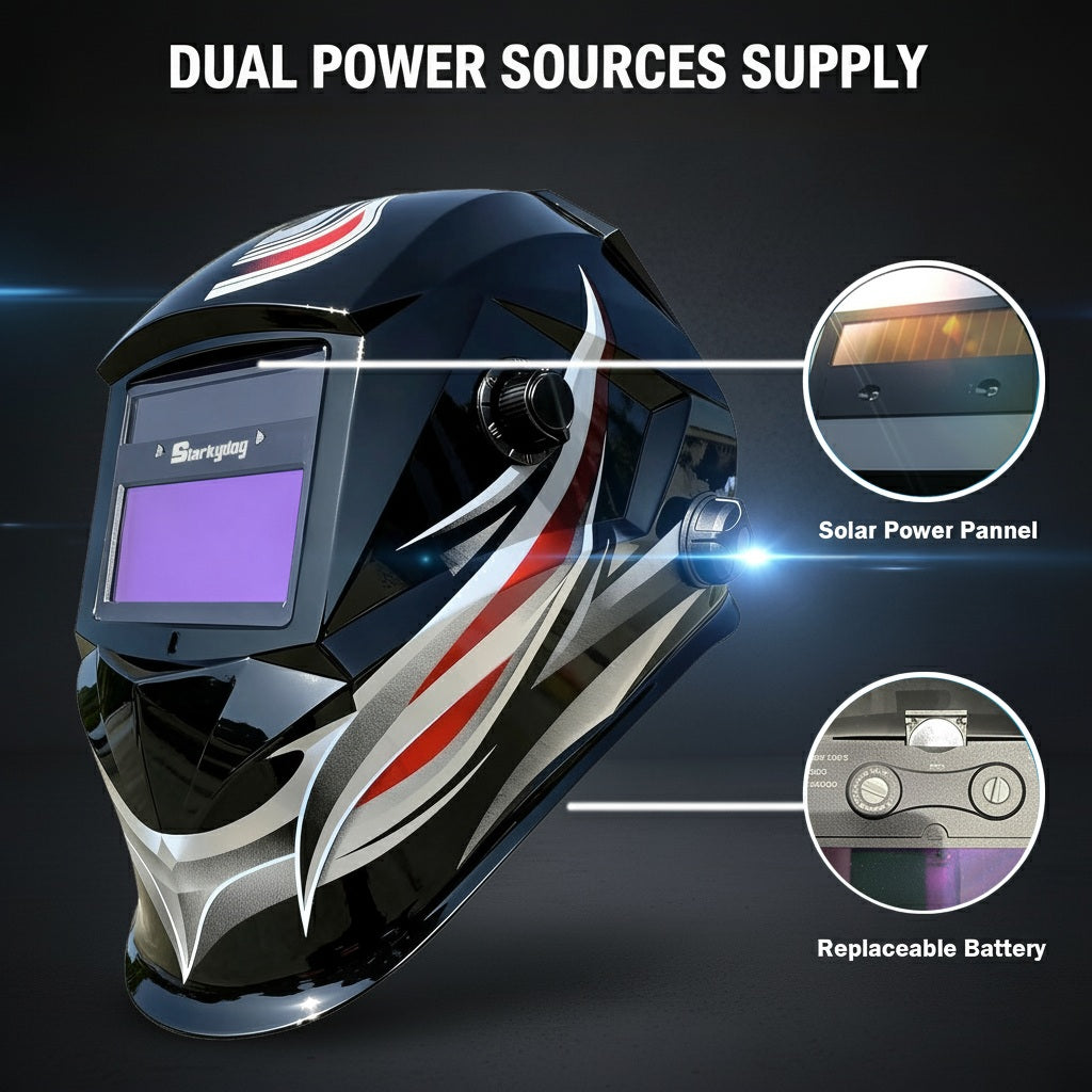 Auto-Darkening Welding Helmet, Blue Light Blocking, 1/1/1/1 True Color, Solar Powered Hood for TIG, MIG, ARC & Grind, Red Silver Strip