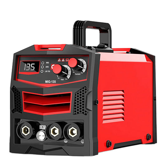 A clean product shot of the MIG-135 multi-process welding machine against a white background. The red and black unit features a digital display reading "135," control knobs for voltage and current, and three connection terminals. The top-mounted handle and ventilation grills are visible, showcasing its robust design and portability.
