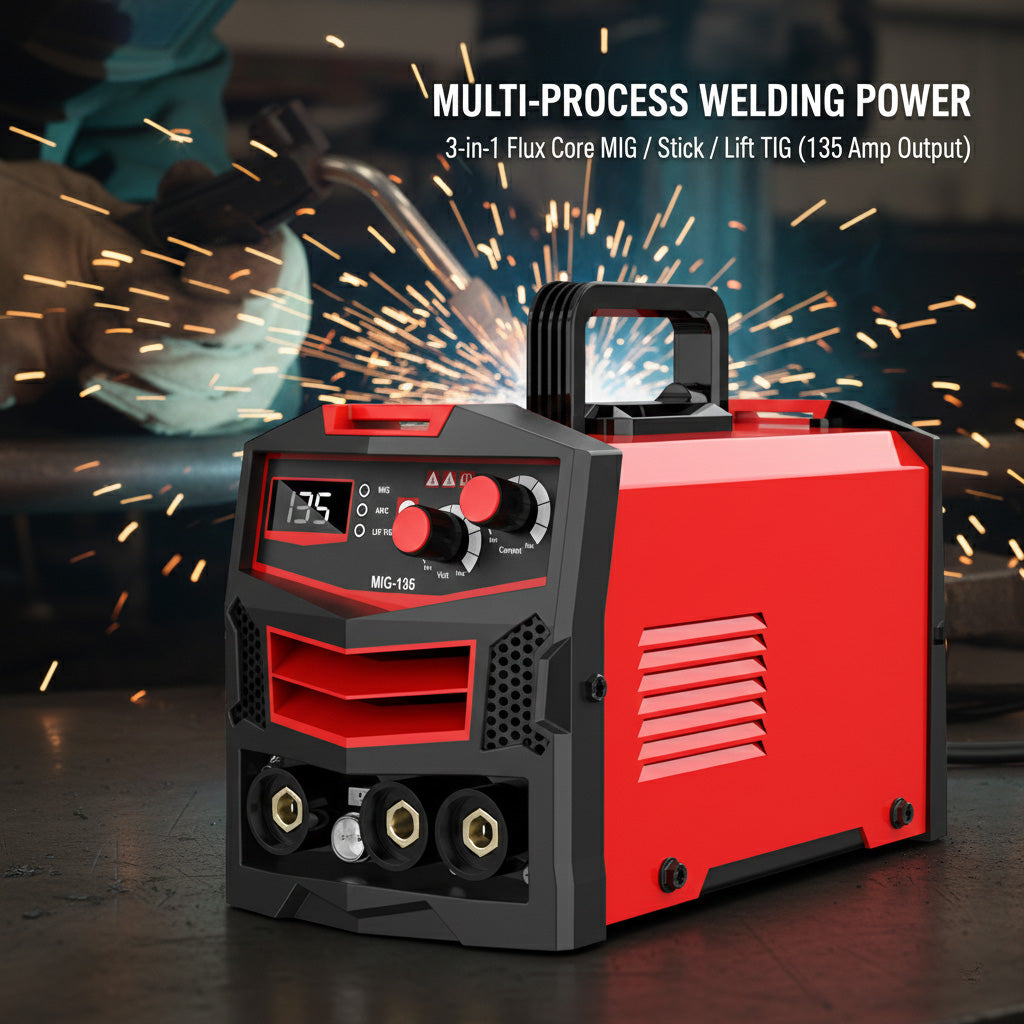 A red and black MIG-135 multi-process welding machine with a digital display showing "135" sits on a workshop floor. Sparks fly in the background as a welder works, highlighting its 3-in-1 capability: Flux Core MIG, Stick (ARC), and Lift TIG welding, with a 135-amp output. The machine features control knobs, ventilation slots, and multiple connection ports, designed for versatile industrial use.
