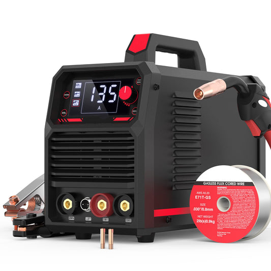 gasless flux core welder kit including MIG gun, electrode holder, ground clamp, contact tips, and a spool of .030 flux cored wire.